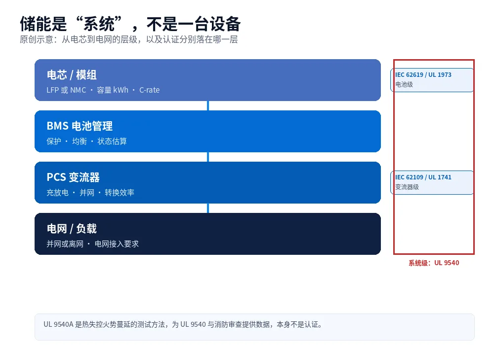 原创示意图:储能系统从电芯、模组、BMS、变流器到电网的层级,以及各层级对应的认证