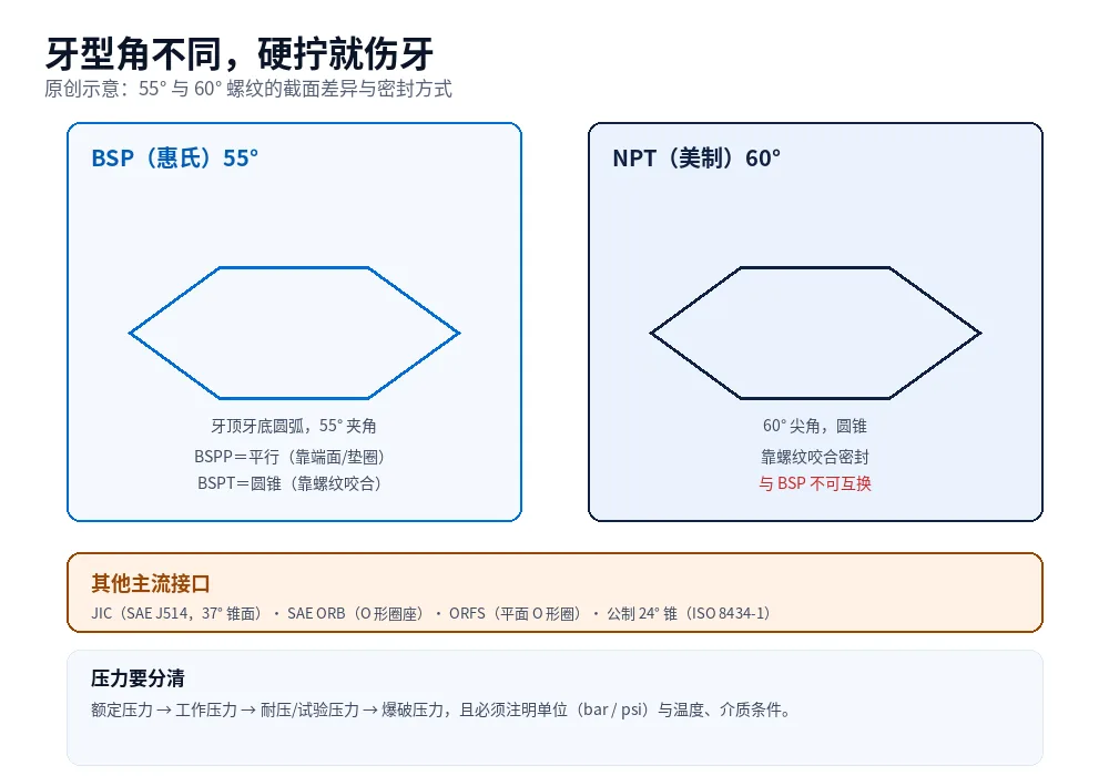 原创示意图：BSPP、BSPT、NPT、JIC 等螺纹的牙型角与密封原理对比，指出哪些不能互换