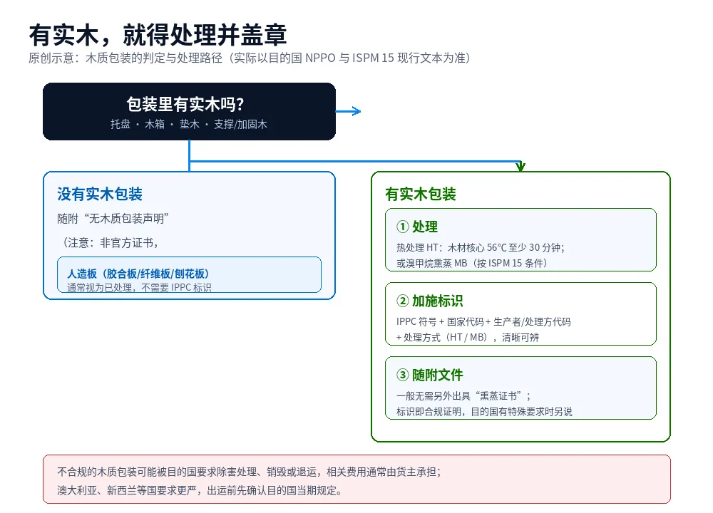 原创示意图：木质包装按是否含实木分为两条路径，无实木出具声明、有实木则处理并加施 IPPC 标识