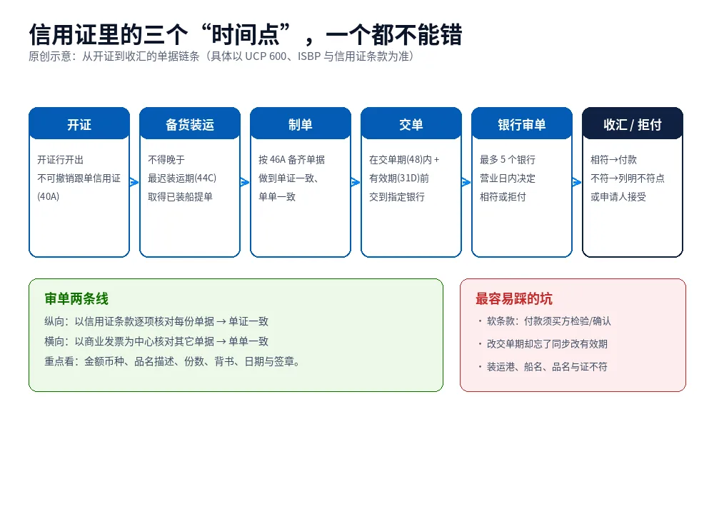 原创示意图:信用证从开证、装运、制单、交单到银行审单与收汇的单据链条,以及单证一致、单单一致的审单两条线