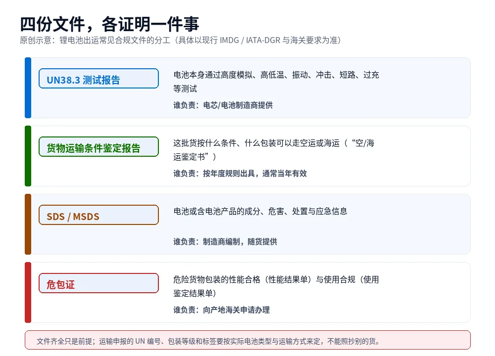 原创示意图:锂电池出运四类合规文件的分工——UN38.3 测试报告、货物运输条件鉴定报告、SDS 与危包证各自证明什么、由谁负责