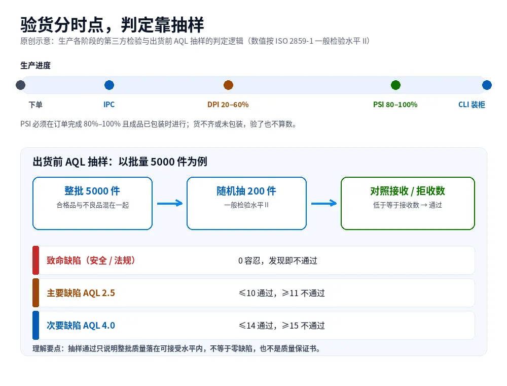 原创示意图:生产各阶段的 IPC、DPI、PSI、CLI 检验,以及出货前 AQL 抽样判定逻辑