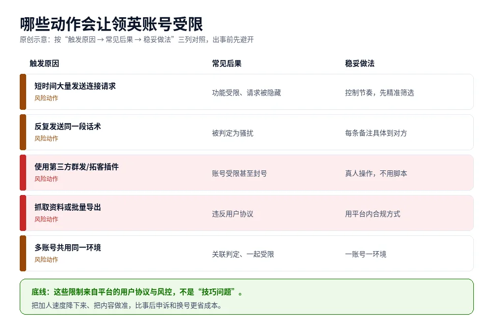 原创示意图:领英账号被限制功能的常见触发原因与对应后果
