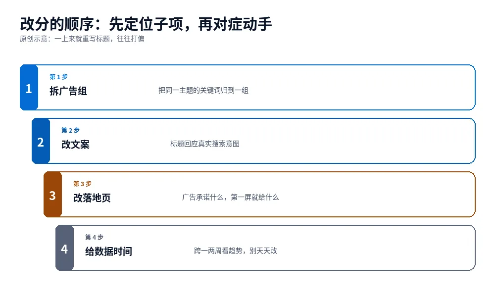原创示意图:按子项低于平均时的排查动作顺序,从关键词分组、广告文案到落地页对齐