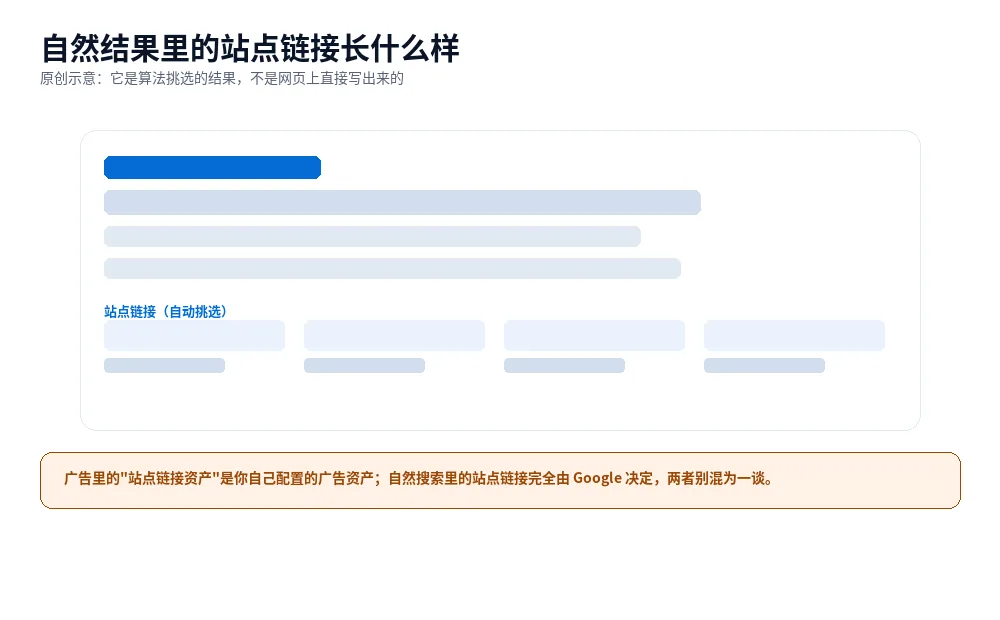 原创示意图:品牌搜索结果中站点链接的构成,以及它与广告站点链接资产的区别