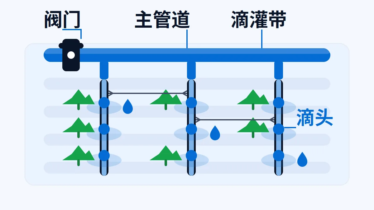AI 生成示意图:文章主题:滴灌带先看壁厚与滴头间距:壁厚定寿命,间距对行距; 片用途:AI 生成示意:滴灌带铺设与滴头间距示意,阀门管道滴头管网结构