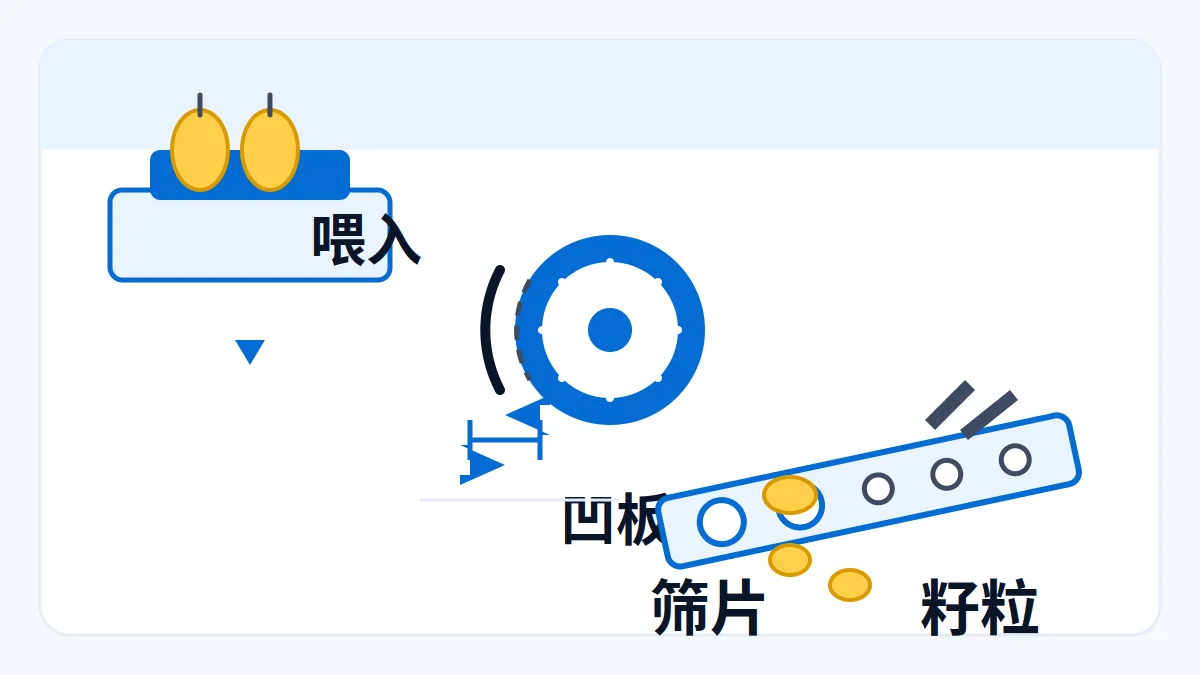 AI 生成示意:玉米脱粒机筛片与凹板间隙示意,筛孔大小与籽粒对比标注