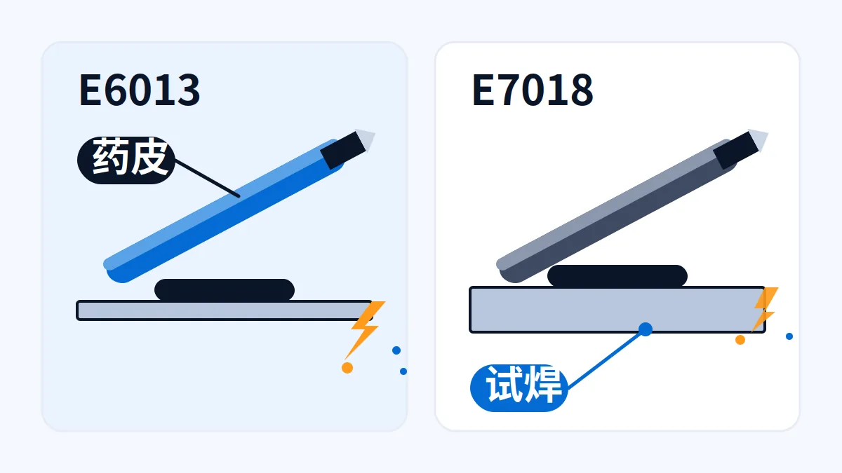AI 生成示意：E6013与E7018焊条用途对比示意，药皮与试焊标注