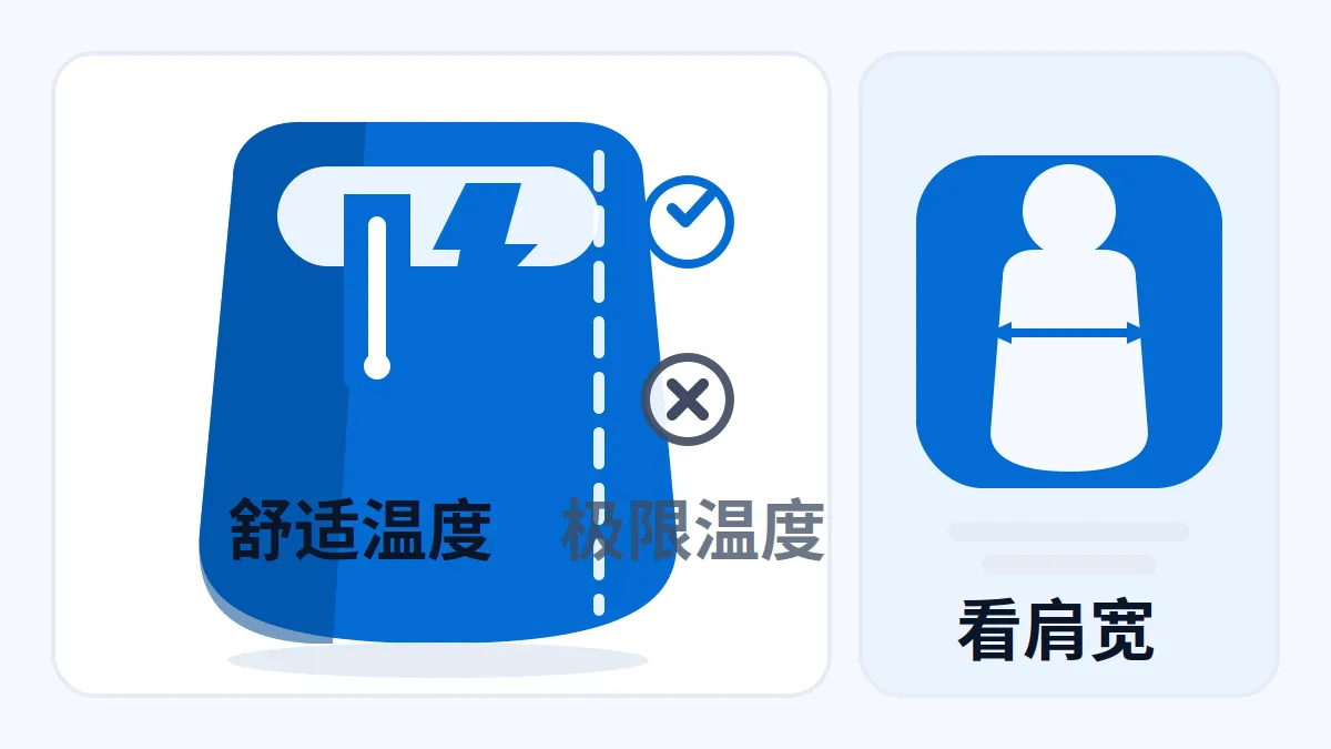 AI 生成示意图:文章主题:睡袋温标看舒适温度:极限温度不当选购依据,体型看肩宽; 片用途:AI 生成示意:睡袋温标与体型选择示意,舒适极限温度标注