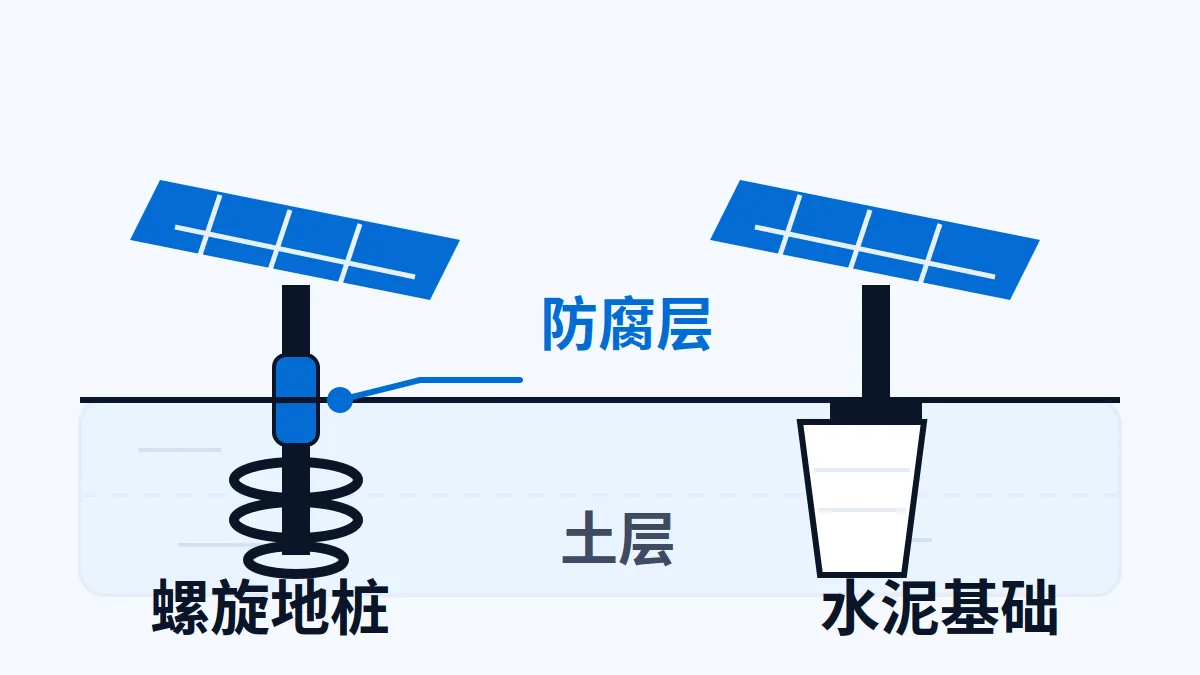 AI 生成示意图:文章主题:光伏支架地桩还是水泥基础:土层定桩型,沿海先问防腐; 片用途:AI 生成示意:光伏螺旋地桩与水泥基础对比示意,土层与防腐标注