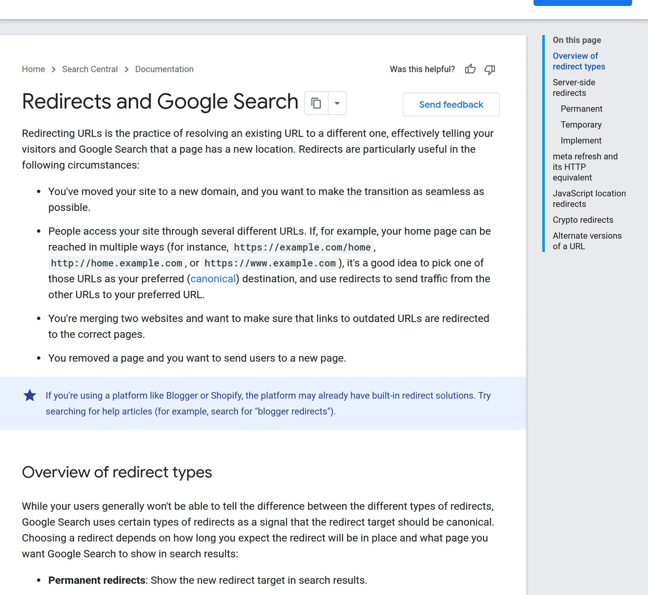 Google Search Central official page 'Redirects and Google Search', showing when permanent and temporary redirects are interpreted and which redirect types Googlebot follows