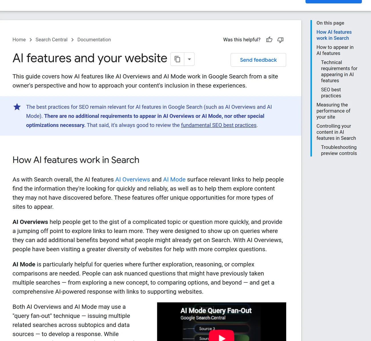 Google Search Central 官方页面 AI features and your website,说明 AI Overviews 与 AI Mode 如何工作,以及没有额外的特殊优化项、基础仍是 SEO 最佳实践
