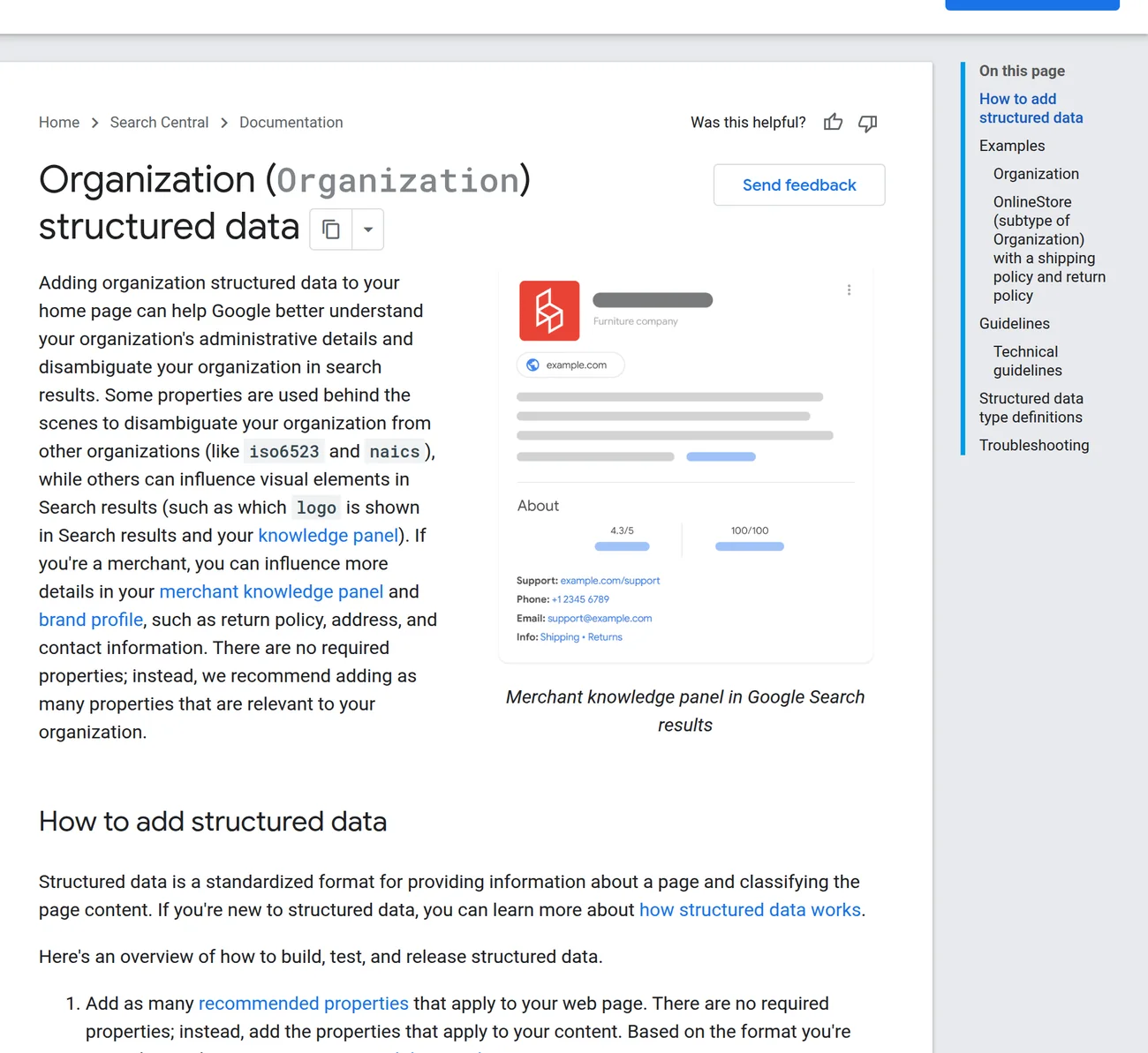 Google Search Central 官方页面 Organization structured data,说明 Organization 结构化数据帮助 Google 理解组织的管理细节与实体消歧,并展示商家知识面板