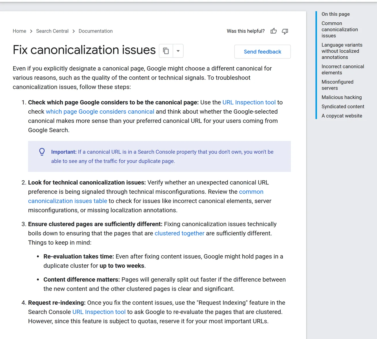Google Search Central official page 'Fix canonicalization issues' listing the four troubleshooting steps and the start of the common canonicalization issues table