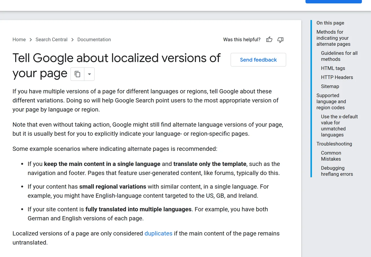 Google Search Central official page 'Tell Google about localized versions of your page', showing the situations where localized annotations are recommended and the note that localized versions are only duplicates when the main content stays untranslated