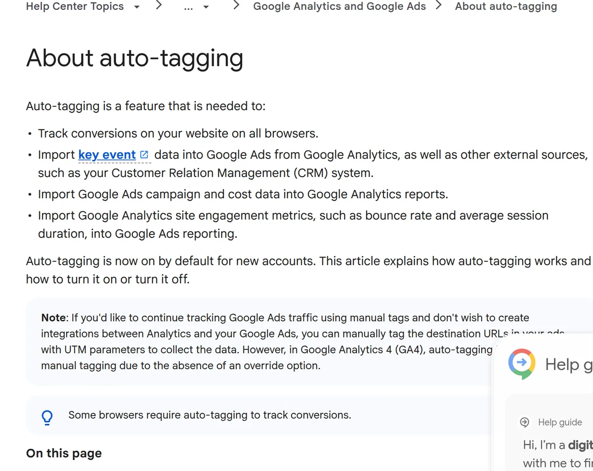 Google Ads Help 官方页面 About auto-tagging,说明自动标记默认开启、用于把 Google Ads 点击与转化数据关联,并可选择手动标记