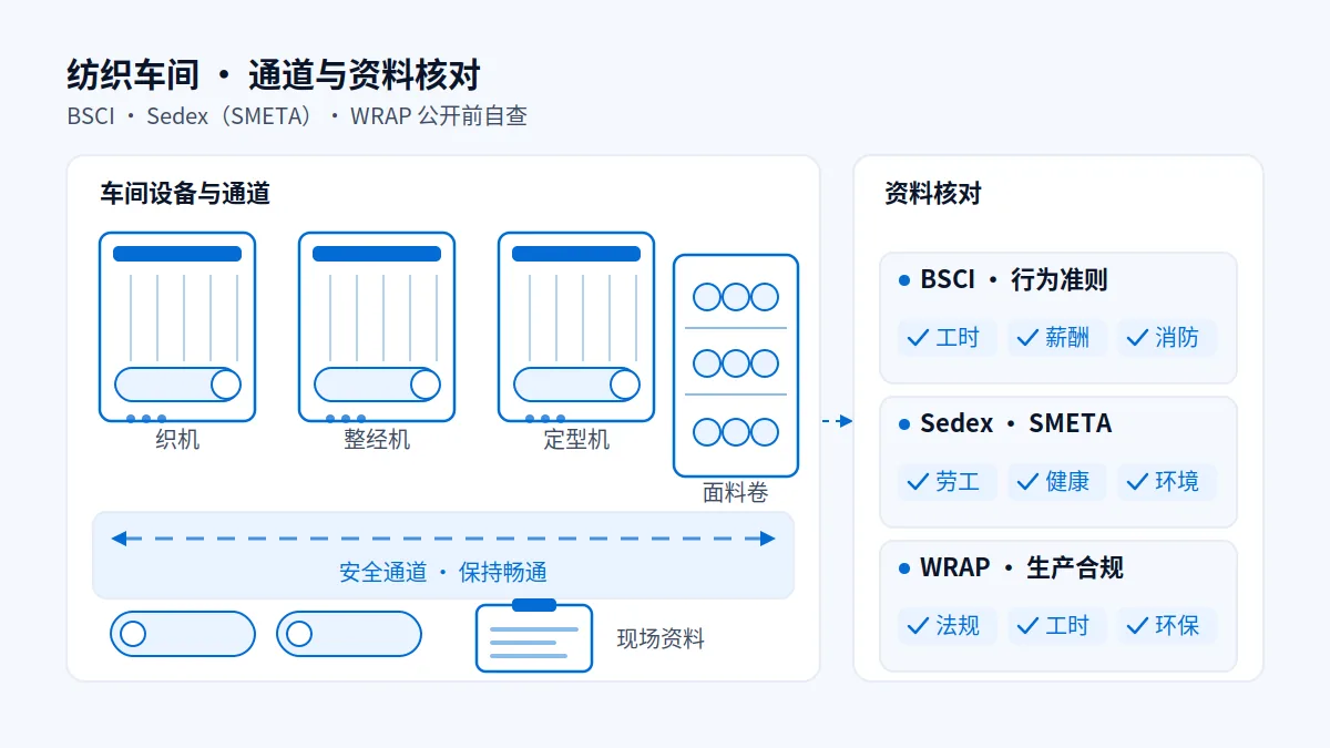 面料厂验厂资料怎么公开：BSCI、Sedex（SMETA）、WRAP 各查什么