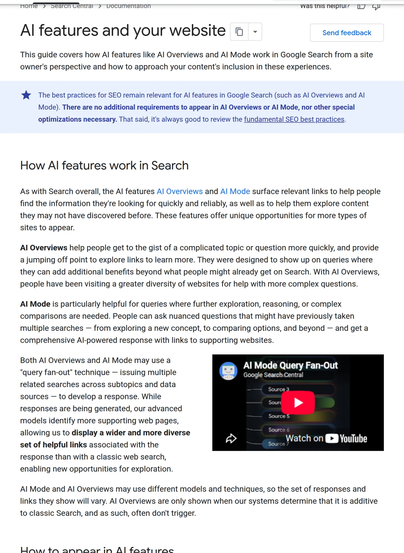 Google Search Central 'AI features and your website' documentation, showing that there are no additional requirements to appear in AI Overviews or AI Mode