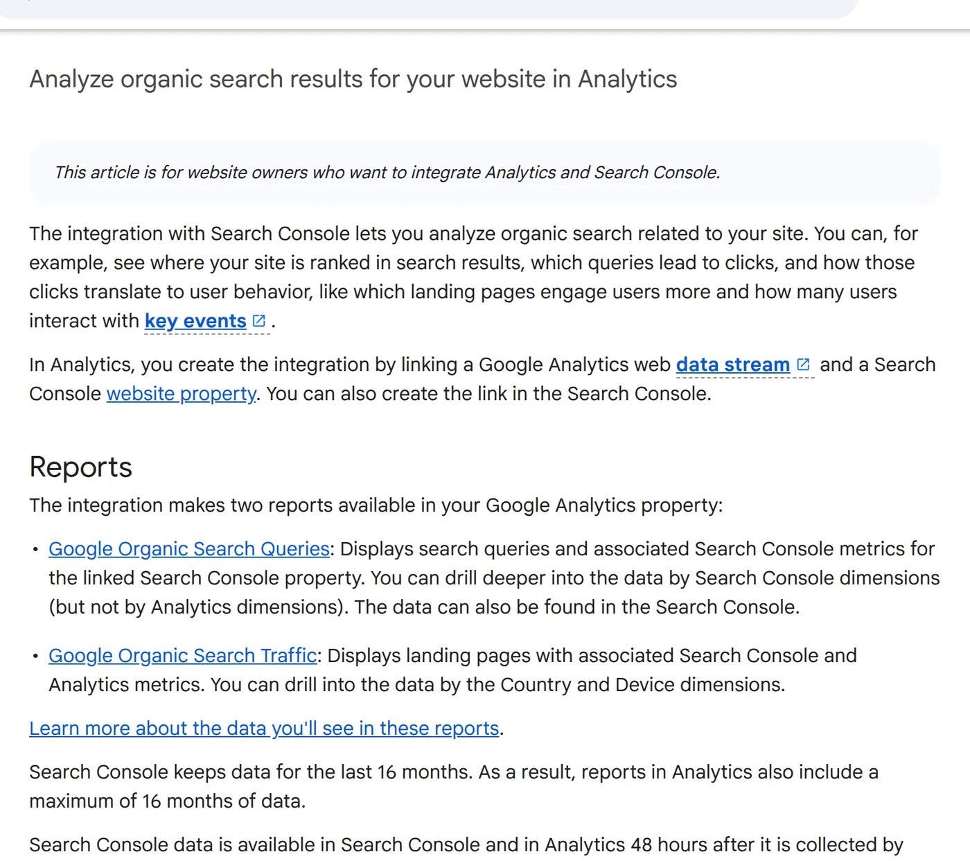 Google Analytics Help page for connecting Search Console, listing the Google Organic Search Queries and Google Organic Search Traffic reports and the 16-month data window