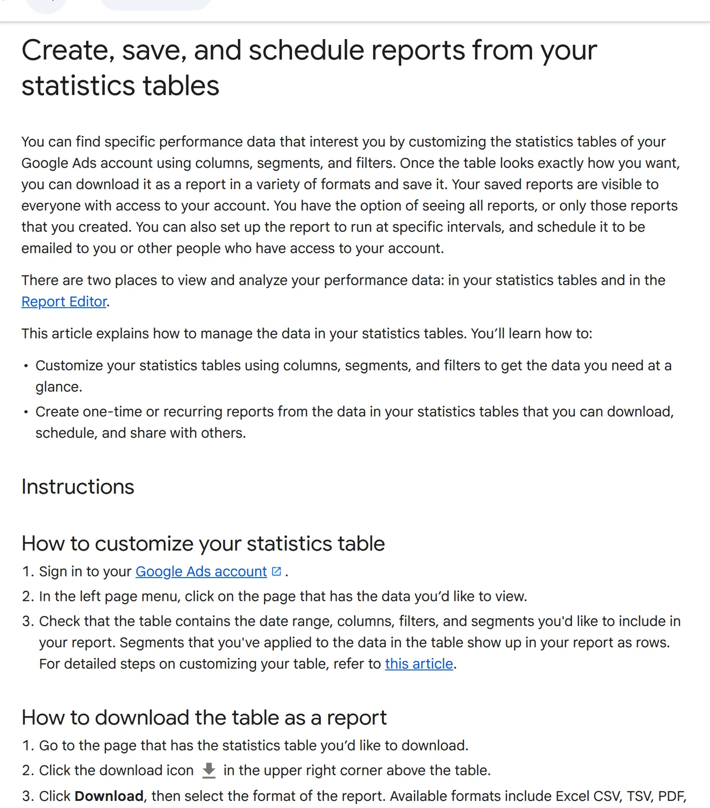 Google Ads Help page listing the available report download formats: Excel CSV, TSV, PDF, XLSX, XML and Google Sheets, with no JSON option