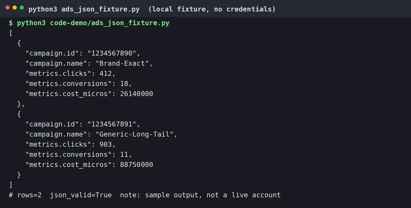 Real local terminal output of the fixture script, printing two Google Ads rows as valid JSON with no credentials