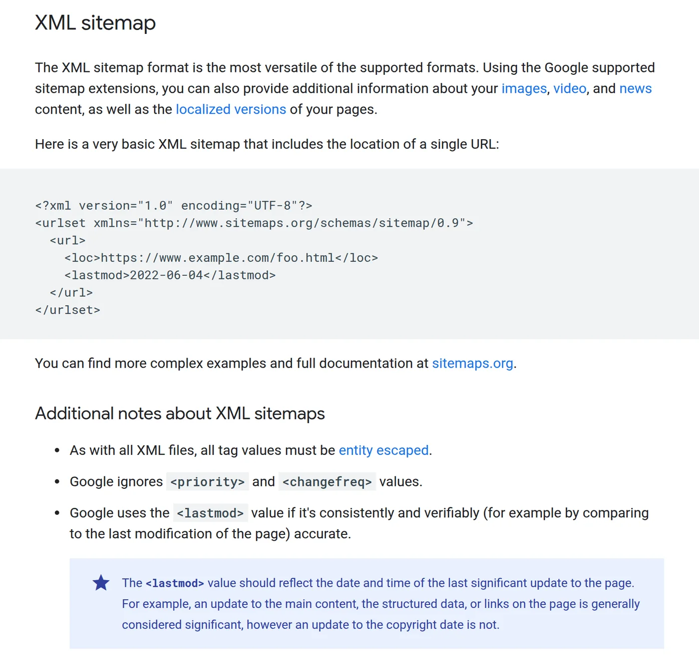 Google Search Central 'Build and submit a sitemap' page showing a minimal XML sitemap example and the note that Google ignores priority and changefreq