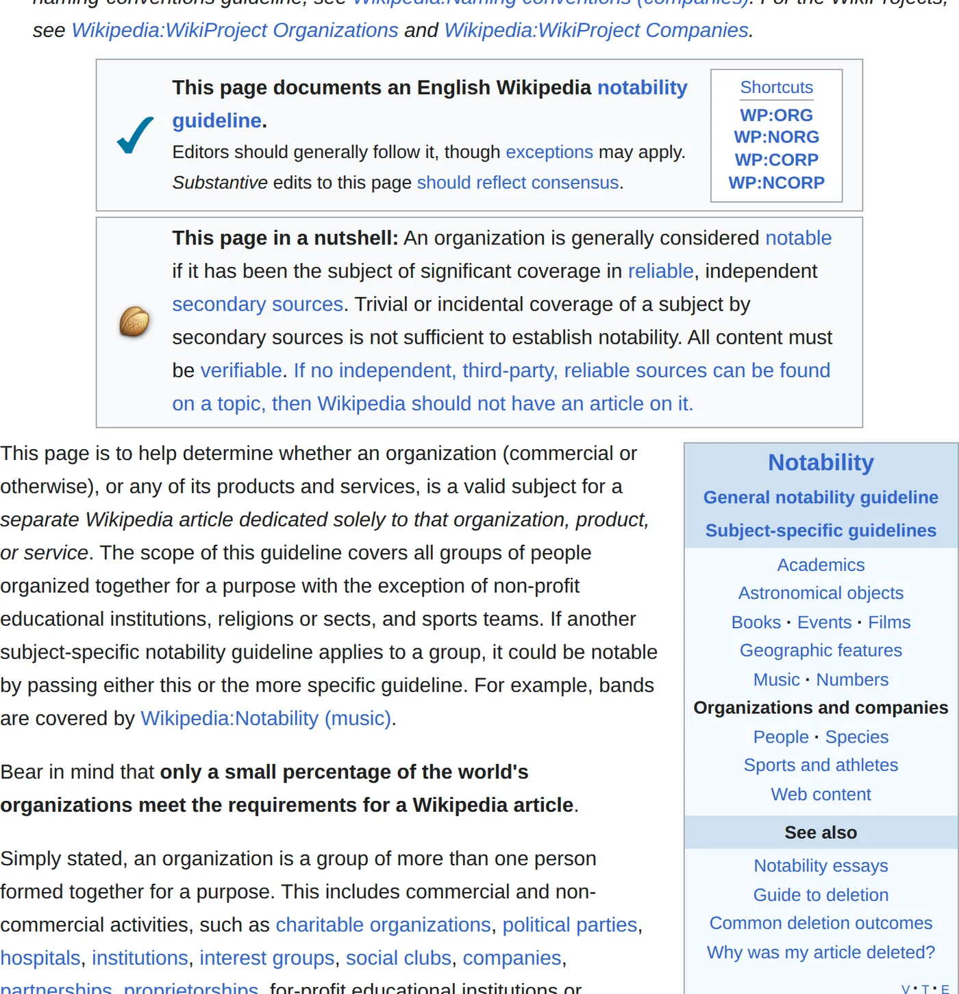English Wikipedia notability guideline for organizations and companies, stating an organization is notable only with significant coverage in reliable independent secondary sources
