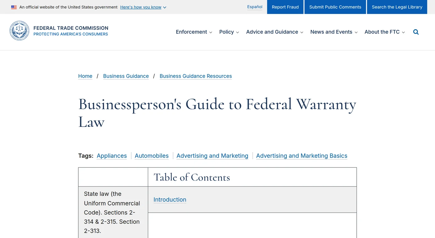美国联邦贸易委员会《Businessperson’s Guide to Federal Warranty Law》官方页面，说明 Magnuson-Moss 保修法的适用范围