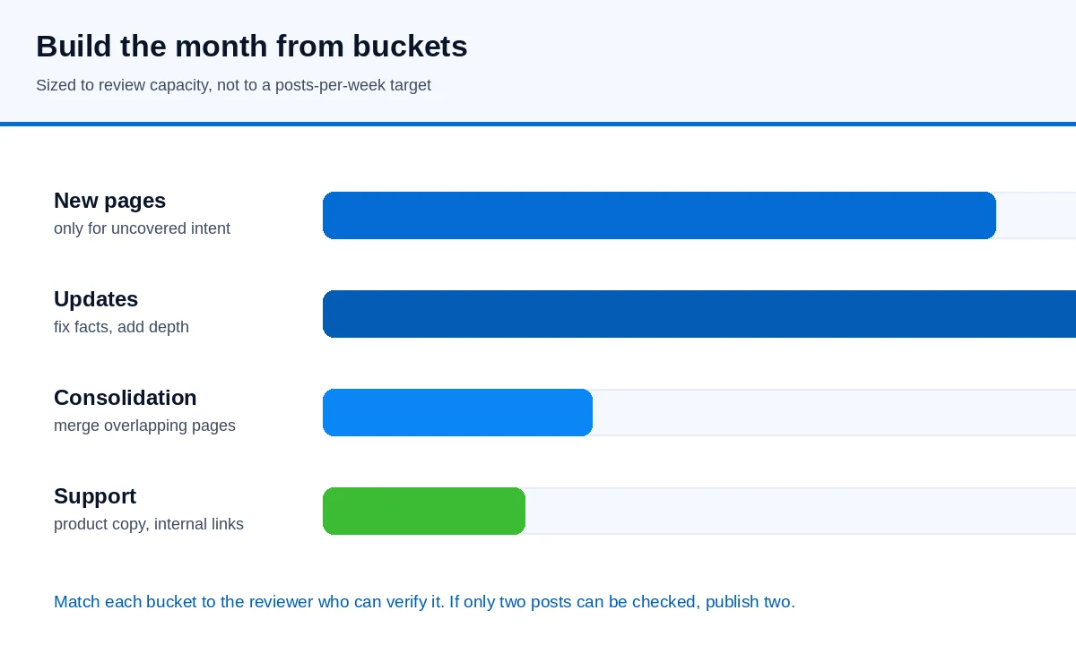 Diagram of a monthly publishing plan split into four buckets: new pages for uncovered intent, updates to existing pages, consolidation of overlapping pages, and support copy, sized to review capacity