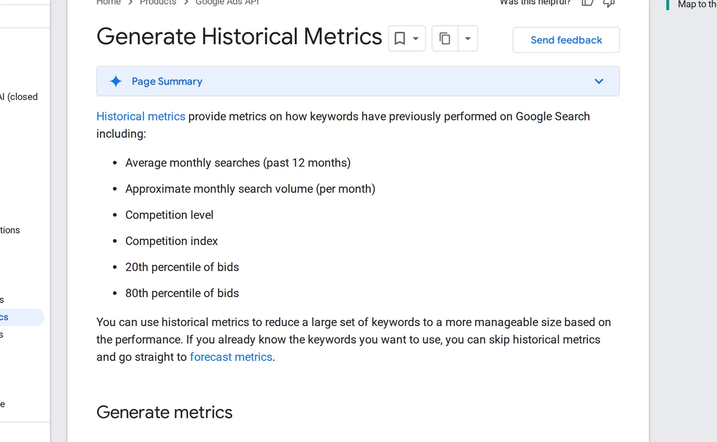 Official Google Ads API documentation for Generate historical metrics, listing average monthly searches, monthly search volume, competition level, competition index and bid percentiles
