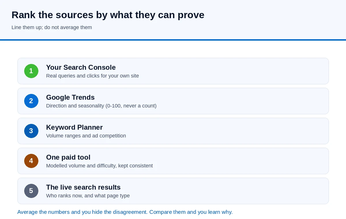 Table-like diagram ranking five demand sources by what they can prove: Search Console for your own real queries, Google Trends for direction, Keyword Planner for ranges, a third-party tool for modelled volume, and the live search results for organic difficulty