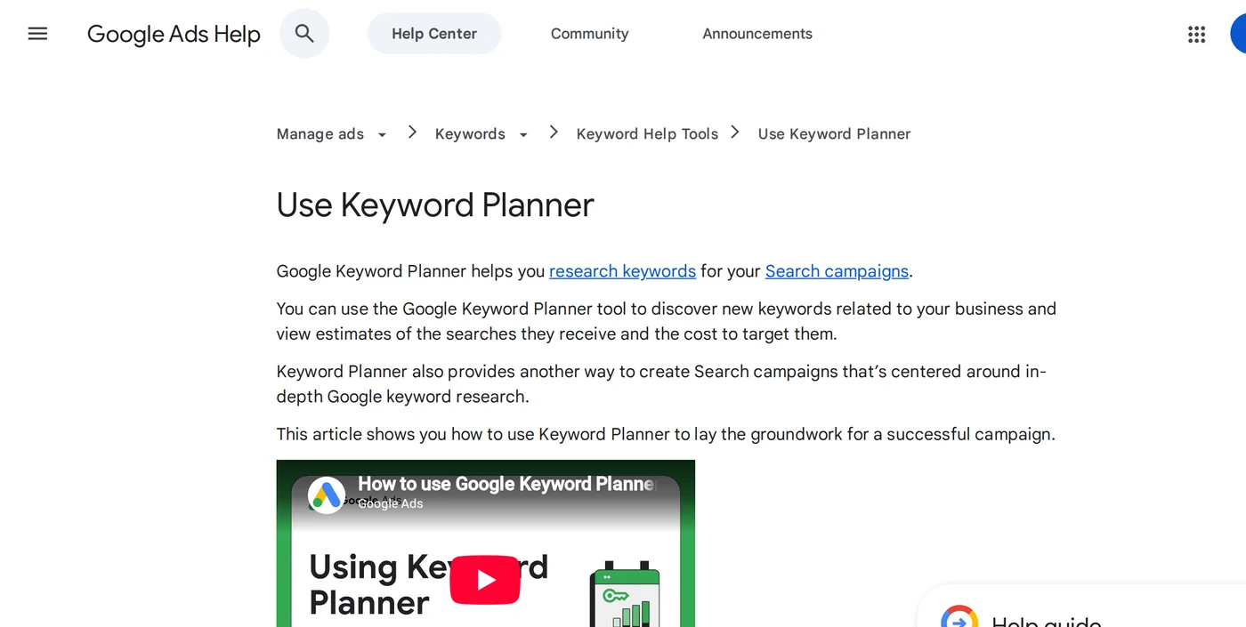 Official Google Ads Help page 'Use Keyword Planner', showing the introduction and the two entry points described in the documentation