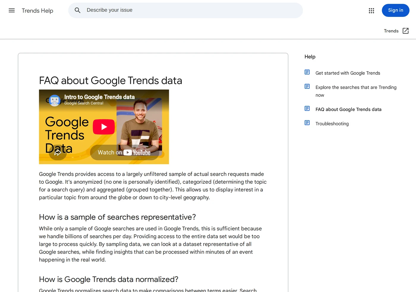 Official Google Trends Help page 'FAQ about Google Trends data', showing Google's own explanation that Trends is a normalised, anonymised sample of search requests rather than absolute counts