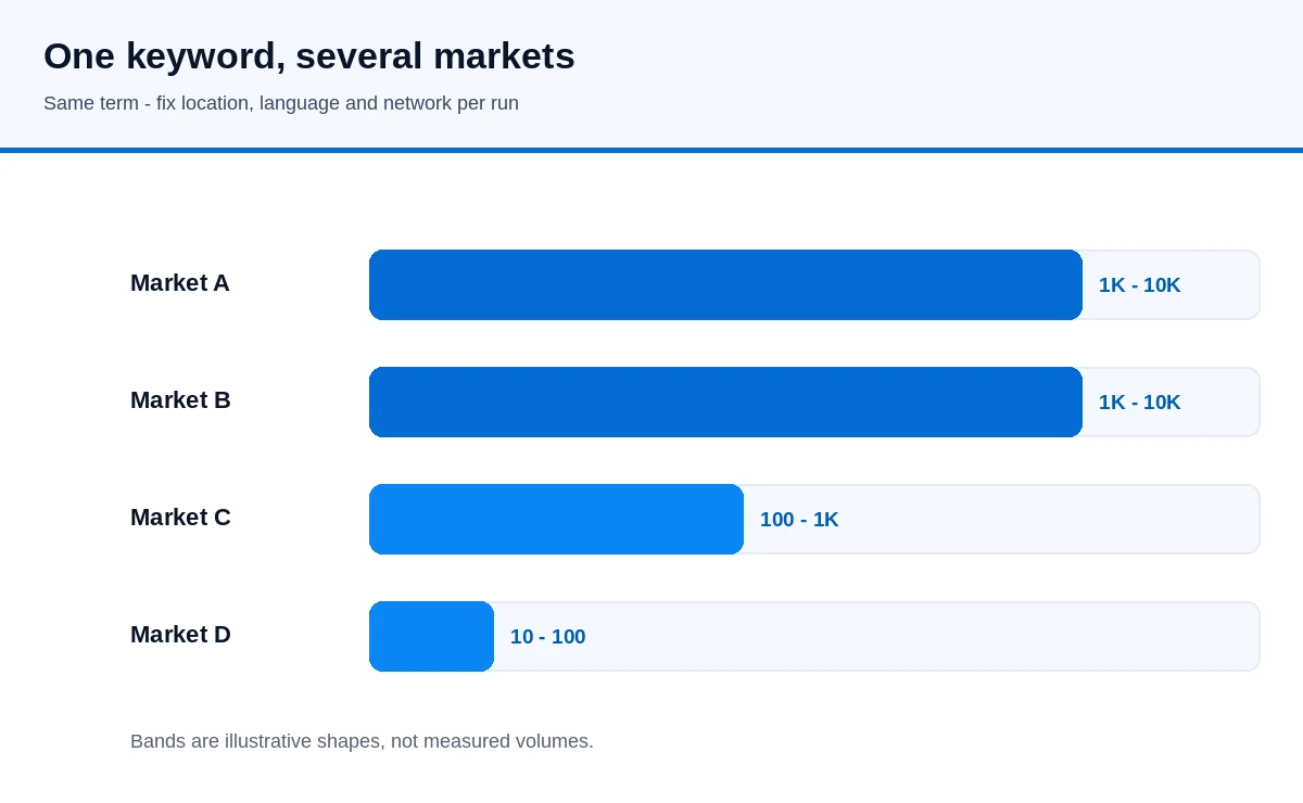 Diagram comparing one keyword across several countries, showing that the same term occupies different volume bands in each market and must be measured with matched location, language and network settings