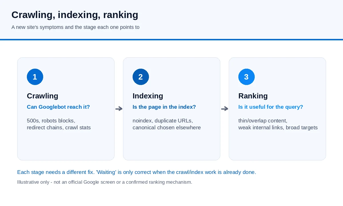 Diagram of the three stages a new site passes through: crawling, indexing, and serving or ranking, with the typical symptom of a tired new site at each stage