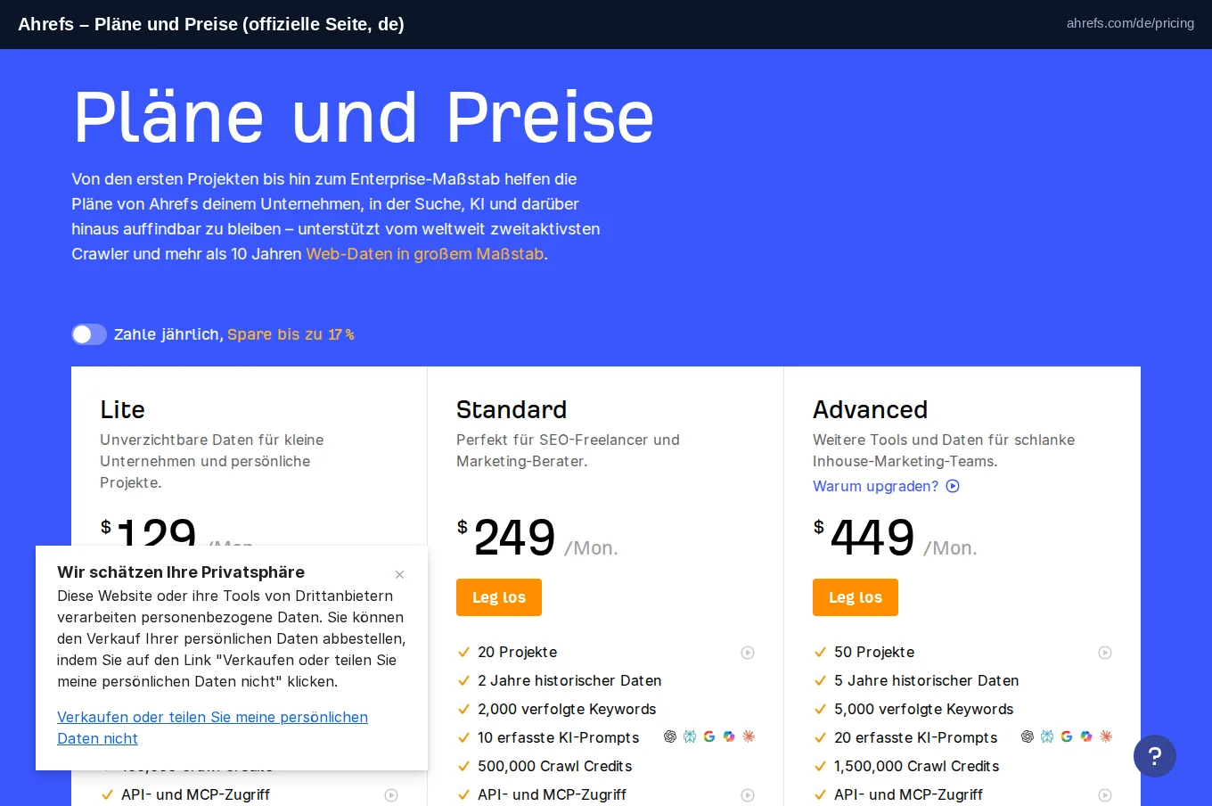 Screenshot der offiziellen Ahrefs-Preisseite auf Deutsch mit den Tarifen Lite, Standard und Advanced und der Option 'Zahle jährlich, spare bis zu 17 Prozent'