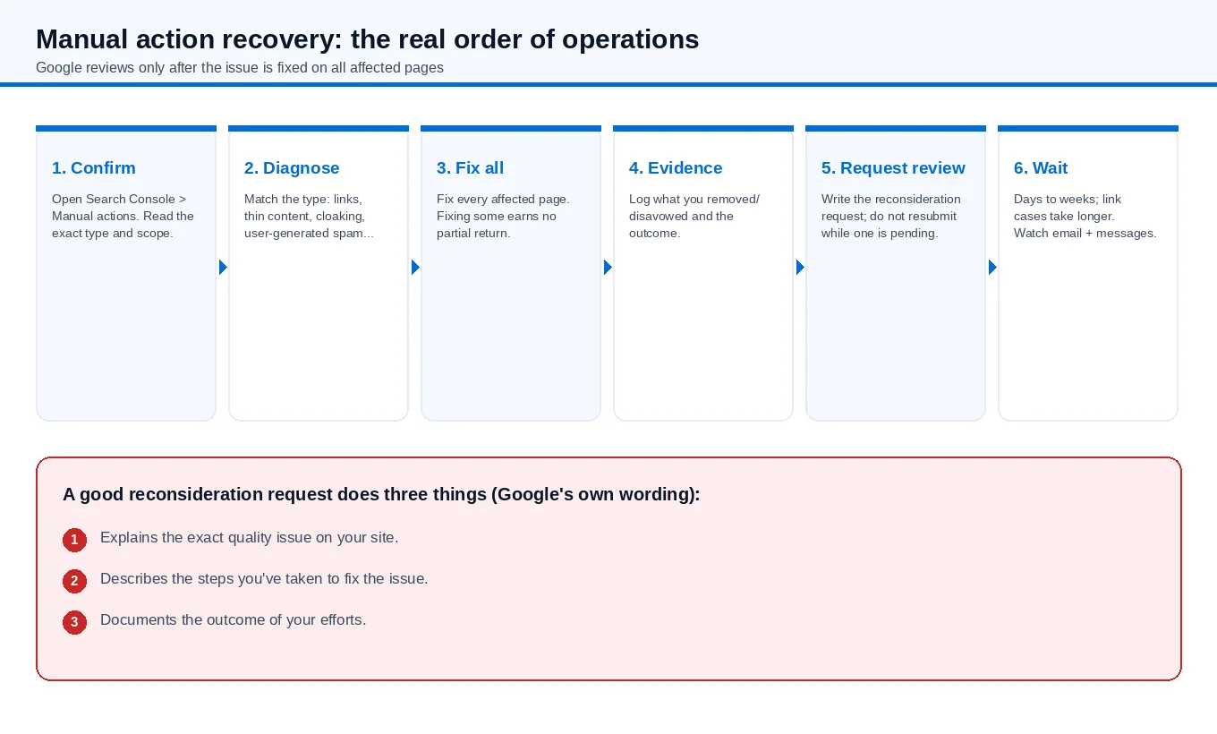 Six-step recovery flow: confirm the action, diagnose the type, fix all affected pages, gather evidence, submit one reconsideration request, then wait for the review