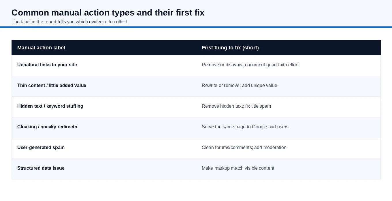 Table of common manual action types such as unnatural links, thin content, hidden text, cloaking, user-generated spam and structured data issues, each with the first thing to fix