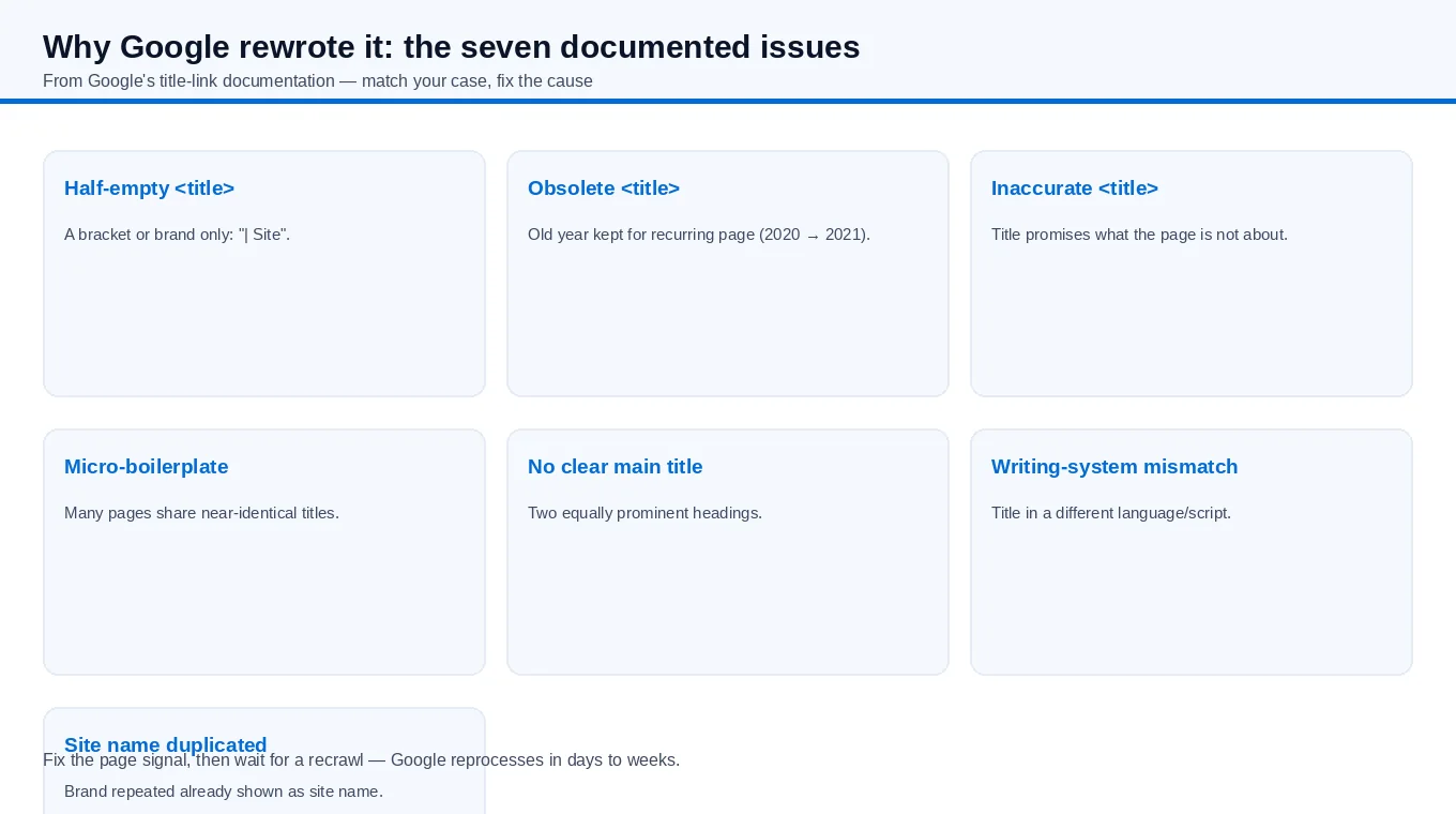 Seven documented issues that lead Google to rewrite a title link: half-empty title, obsolete title, inaccurate title, micro-boilerplate, no clear main title, writing-system mismatch and duplicated site name