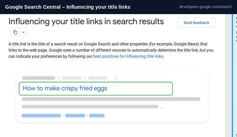 Google Search Central documentation page titled Influencing your title links in search results, showing an illustration of a title link highlighted in a search result