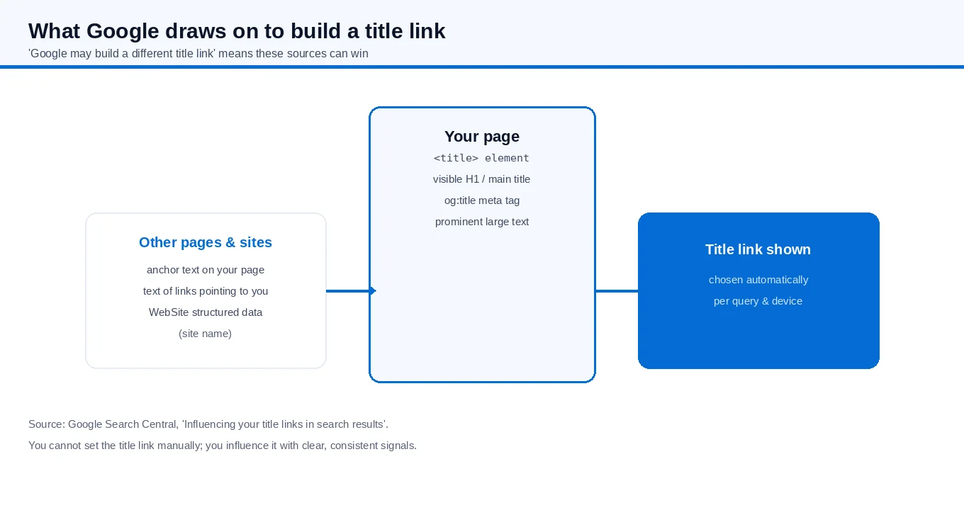 Diagram of the sources Google uses for a title link: the title element, main visible title, headings, og:title, prominent text, anchor text on the page, text of inbound links and WebSite structured data