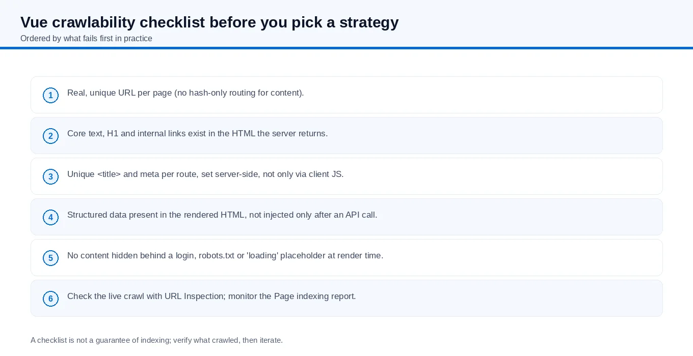 Six-item checklist for Vue crawlability: real URLs, core text and links in server HTML, per-route titles and meta, structured data in rendered HTML, no content behind blocking, and live crawl checks via URL Inspection