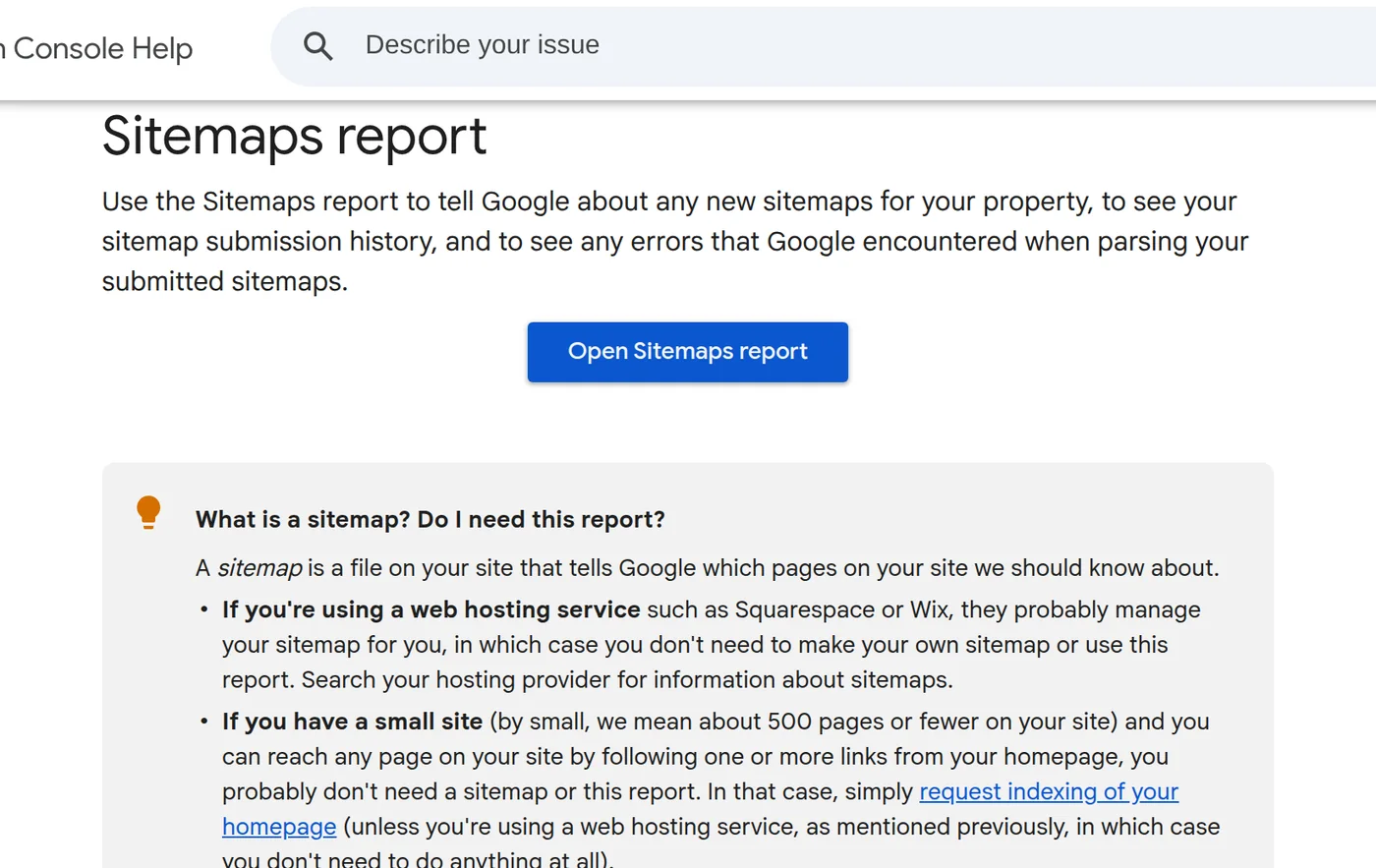 Search Console Help page for the Sitemaps report, explaining what a sitemap is, the crawling schedule and how sitemap status is reported