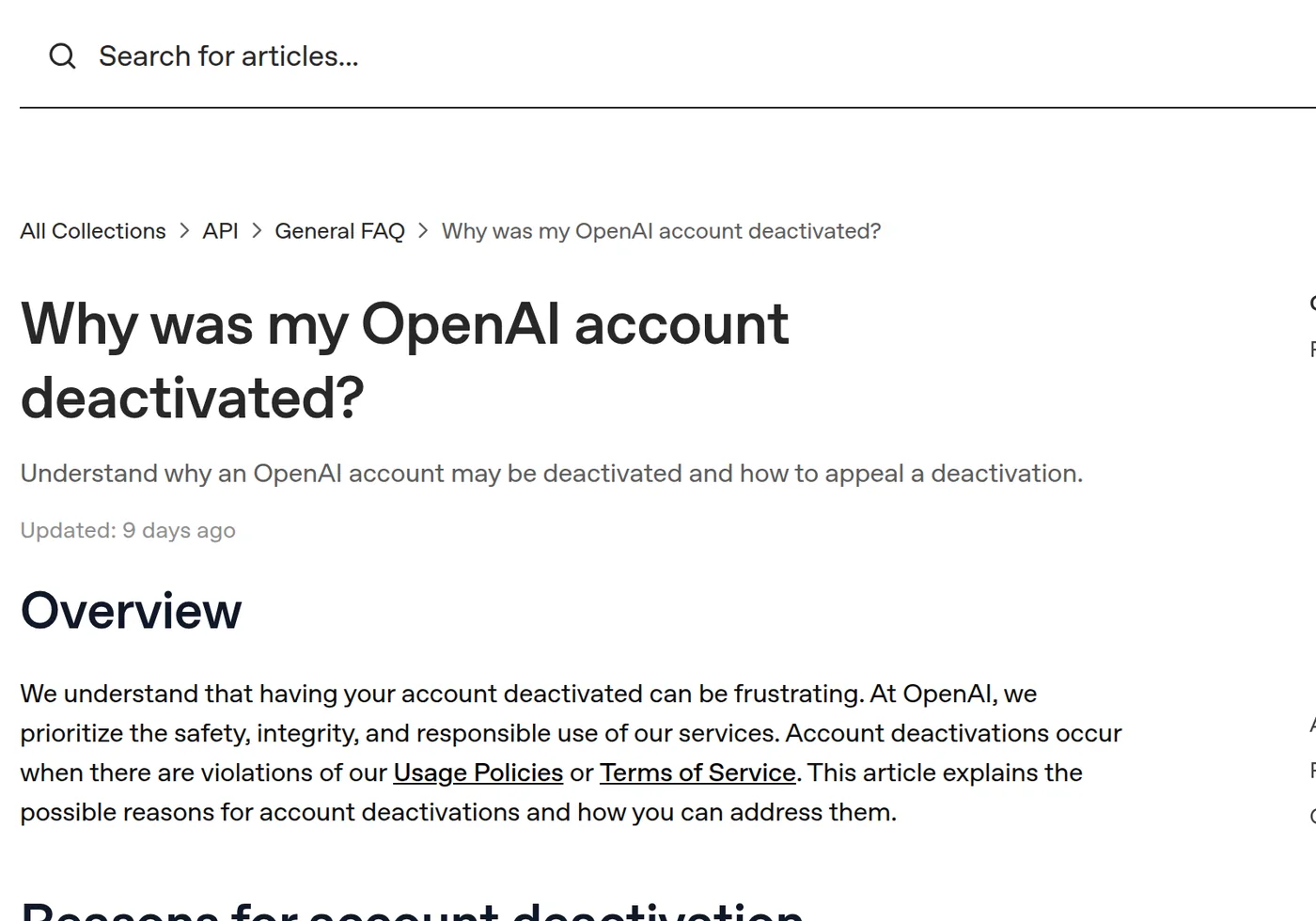 OpenAI Help Center article Why Was My OpenAI Account Deactivated, listing the reasons for deactivation and the appeal route