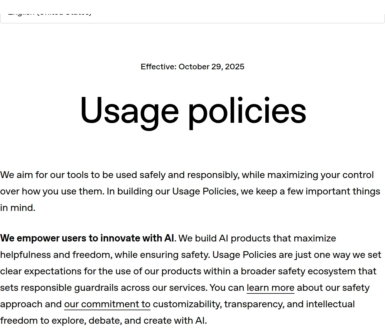 OpenAI 使用政策（Usage Policies）官方頁面截圖，頁面標示生效日為 2025 年 10 月 29 日
