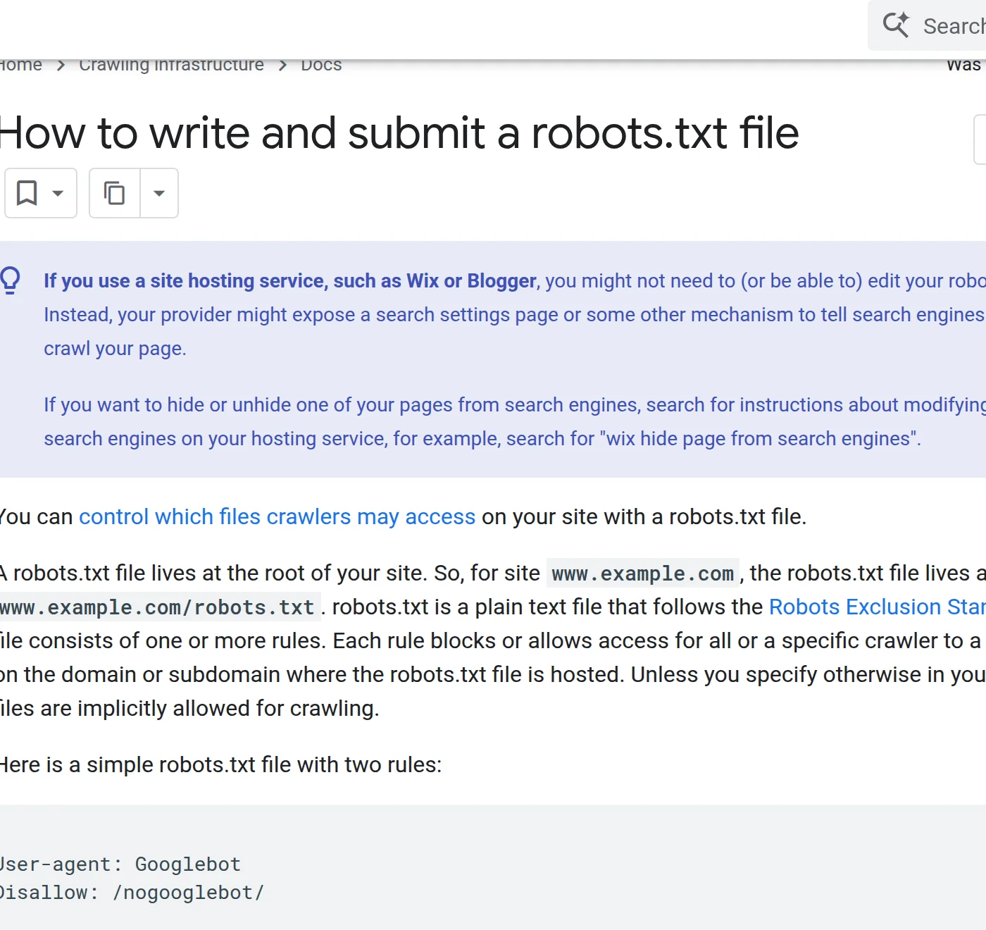 Google's official documentation page 'How to write and submit a robots.txt file', showing robots.txt rules and submission guidance