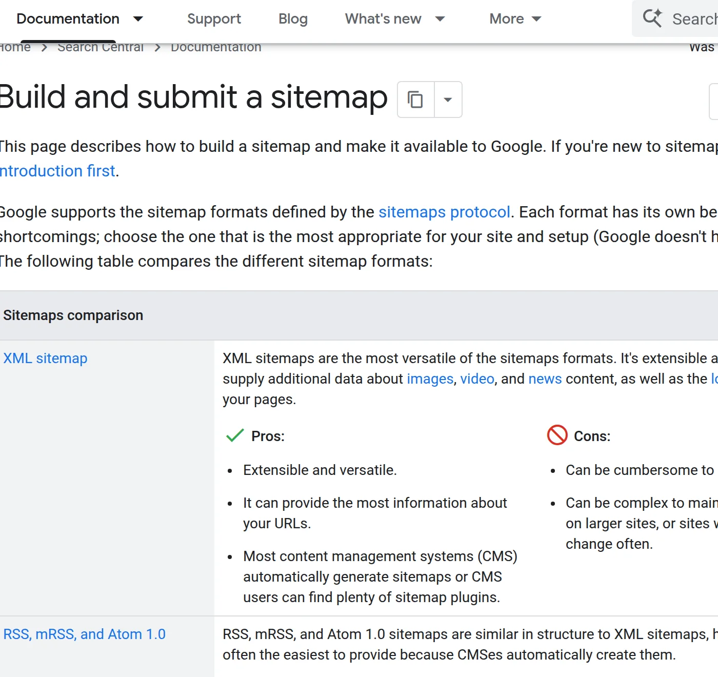 Google Search Central documentation 'Build and submit a sitemap', showing supported sitemap formats and their pros and cons