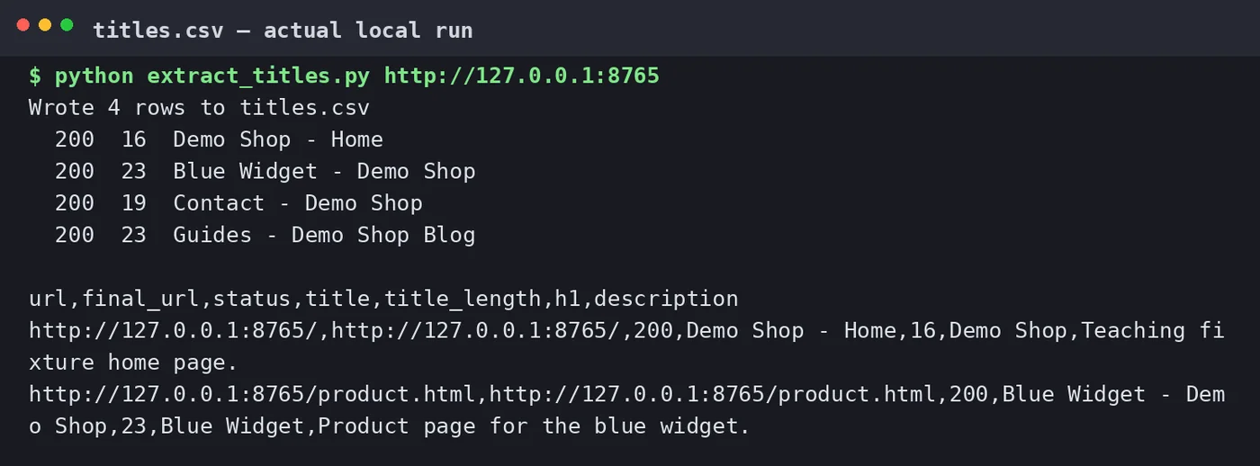 Terminal output of the title-extraction example running against a local teaching fixture, followed by the first rows of the generated titles.csv