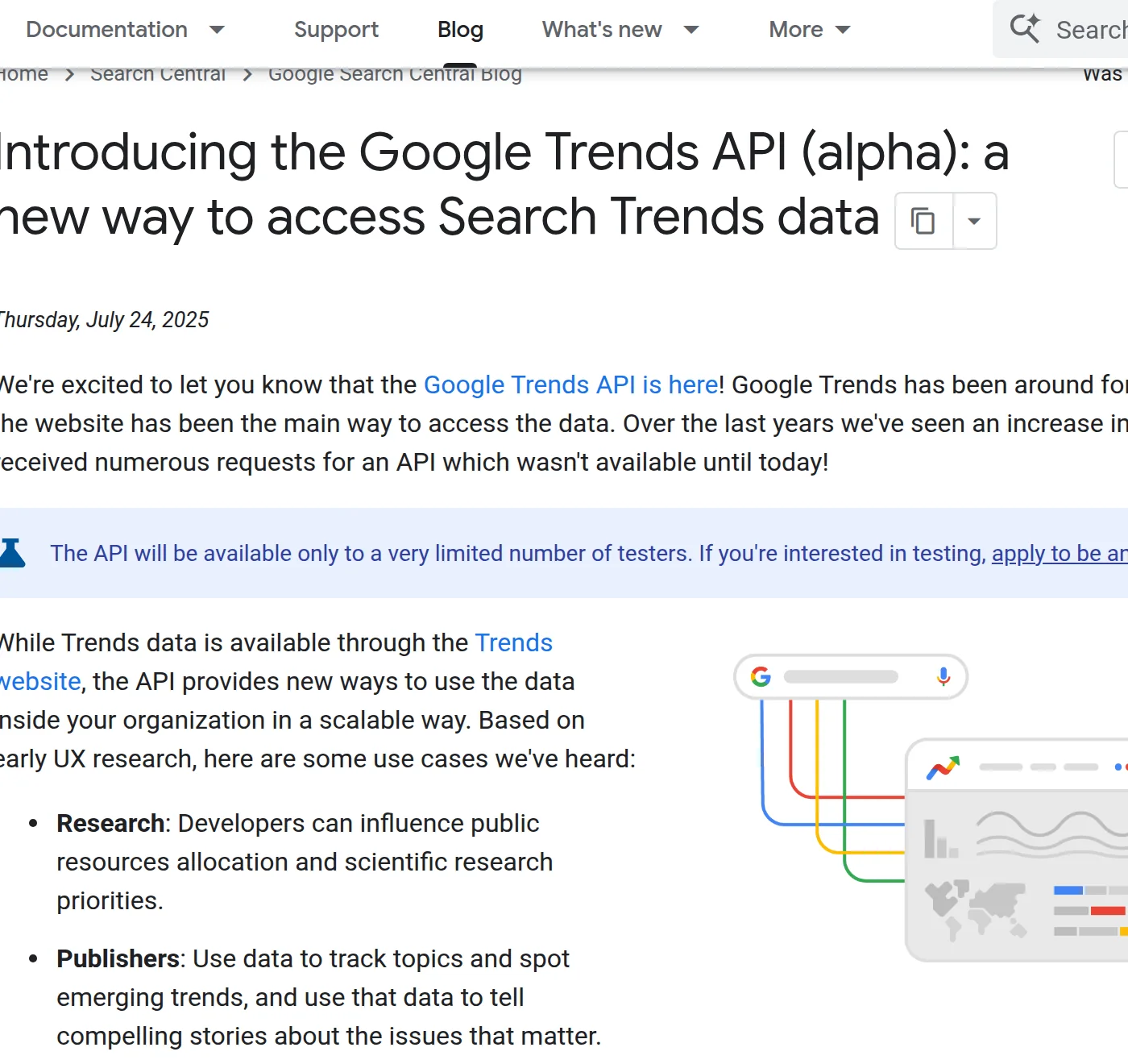 Google Search Central blog post announcing the Google Trends API alpha, showing its July 24, 2025 date and the note that access is limited to a small number of alpha testers