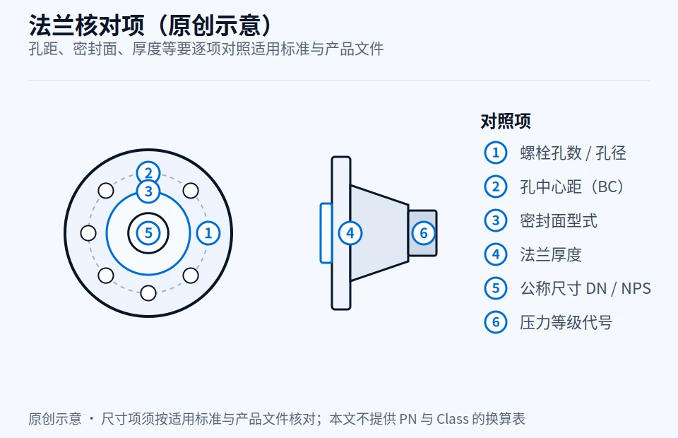 原创法兰核对示意图，左侧为法兰正视图标出螺栓孔数与孔中心距，右侧为侧视图标出密封面与厚度，编号对应孔数、孔距、密封面型式、厚度、公称尺寸与压力等级